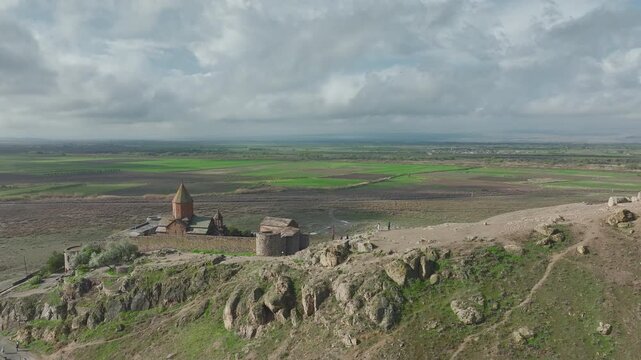 Aerial view of Khor Virap monastery under a cloudy sky, Armenia