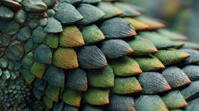 Reptile scale hyper texture close up showing detailed natural pattern and rough surface with green and orange tones creating