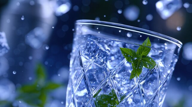Refreshing glass of water with ice and mint, surrounded by splashing water droplets and ice cubes