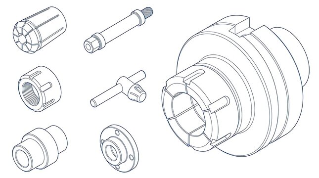 Set of industrial machine components and mechanical parts for precision engineering