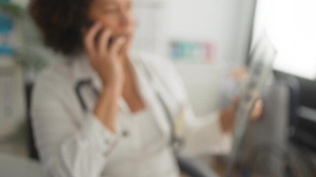 Woman doctor on phone holding xray film in a clinic building, examines image with stethoscope visible; diagnosis concern.