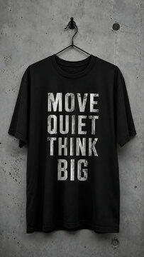Black cotton t-shirt with bold inspirational quote move quiet think big t shirt clothing motivation business mentality minimalist wearable typography inspirational lifestyle creative