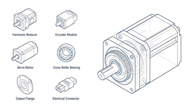 Technical isometric diagram of industrial robotic servo motor components