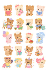 Naklejka premium Adorable Kawaii Teddy Bear Sticker Collection Featuring Cute Animals in Various Daily Life Activities and Festive Celebrations for Scrapbooking
