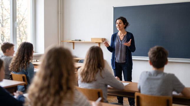 Teacher explaining lesson to students in a modern classroom, focusing on education, learning, and academic development