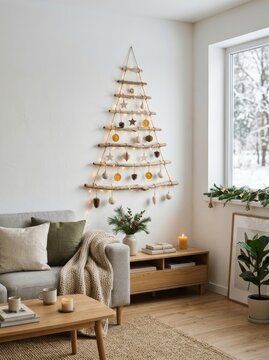 Rustic Christmas tree made of driftwood hanging on wall in cozy living room. Sustainable holiday decor with dry orange and pinecone ornament. Minimalist interior festive design.