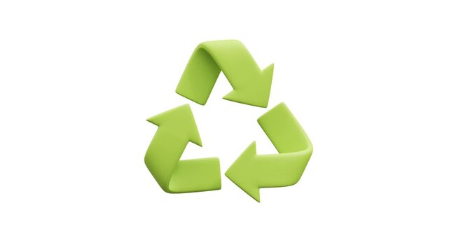Matte Green Recycling Symbol Animation on White Background. Three dimensional light green recycling arrows icon looping seamlessly on white background for ecology and environmental awareness.