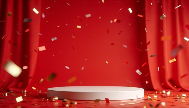 A stage with a white podium, draped in red velvet curtains, with golden confetti falling. The scene evokes a sense of celebration and achievement, perfect for an award ceremony or product launch