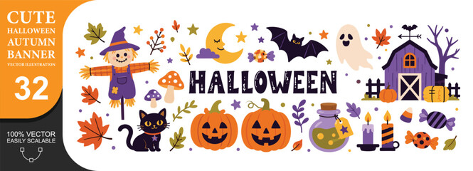 Fototapeta premium Cute halloween autumn banner with scarecrow and black cat in rustic farm landscape setting.