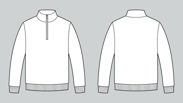 Half zip mock neck sweatshirt fashion Flat Sketches technical drawing vector template. Sportswear apparel mockup CAD illustration. Sweater design on gray background
