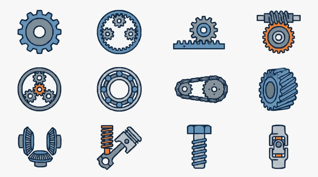 Collection of industrial mechanical engineering parts and components.