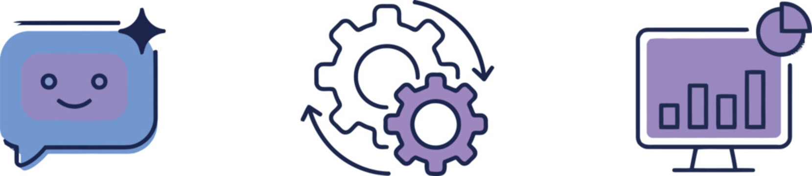 Business icons, workflow automation, gear, computer, chat bot symbols, purple