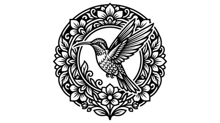 Fototapeta premium Hummingbird Emblem with Floral Border.