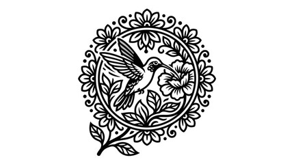Fototapeta premium Hummingbird and floral design emblem black and white.
