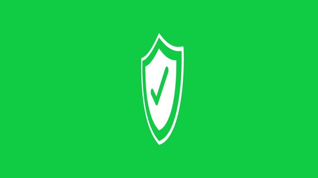 White Security Shield with Checkmark Animation on Green Screen. White outline protective shield icon with a green checkmark animated on chroma key background for data security concepts.