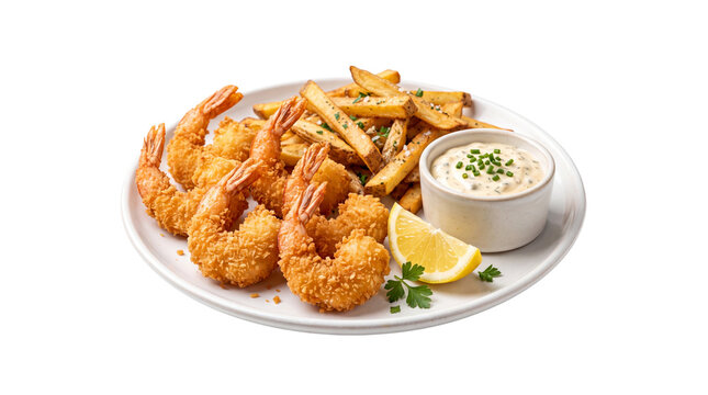 Crispy golden fried shrimp with french fries, breaded butterfly prawns with tartar sauce and lemon, seafood basket platter for restaurant menu isolated PNG with Transparent Background
