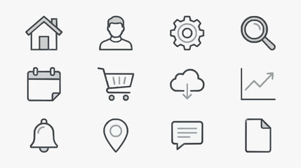 Fototapeta premium Professional Minimalist Line Icons Set Featuring House Person Gear Magnifying Glass Calendar Shopping Cart Cloud Chart Bell Location Pin Speech Bubble Document in Monochrome