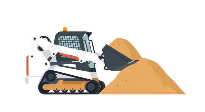 Compact Track Loader Vector Illustration Moving Sand Pile Isolated on White Background. Skid Steer Loader for Construction and Earthmoving Projects.