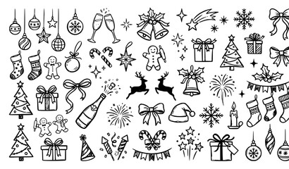 Obraz premium Retro Vintage New Year Hand Drawn Chalk Doodle Set for Christmas Holiday Celebration