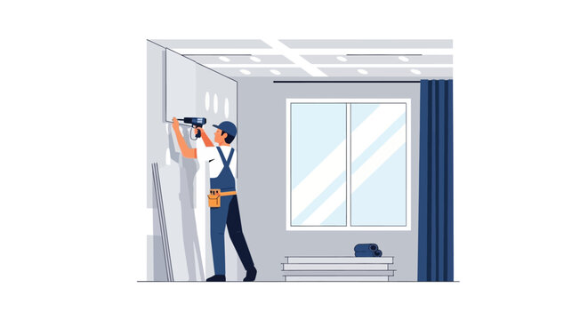 Professional Handyman Installing Drywall Panels on Interior Wall, Home Renovation and Construction Concept Vector Illustration