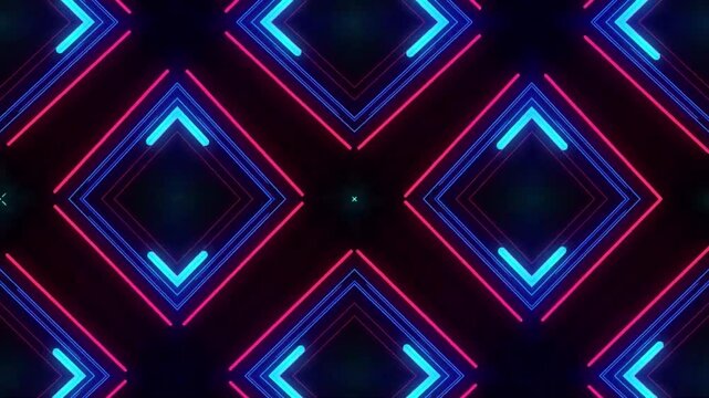 A vibrant display of neon geometric patterns in blue and pink, creating a symmetrical design. The dynamic lines and shapes evoke a sense of modernity and futuristic aesthetics.