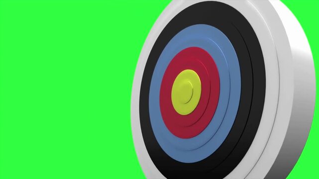 Arrow hitting the center of archery target board on green screen chroma key background