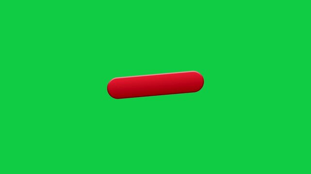 3D Red Minus Dash Sign Animation on Green Screen. Red 3D capsule shape minus dash negative sign rotating on chroma key green screen background representing subtraction decrease.