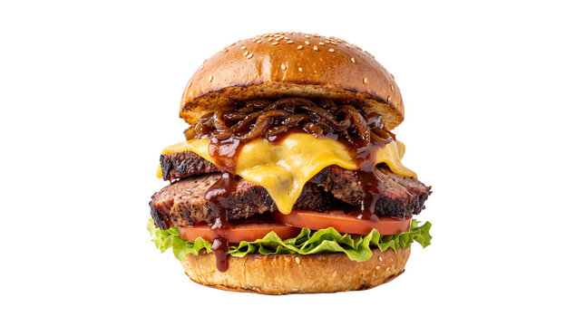 Gourmet brisket burger with melted cheese and caramelized onions, smoked beef sandwich on sesame bun, barbecue brisket cheeseburger with fresh lettuce isolated PNG with Transparent Background