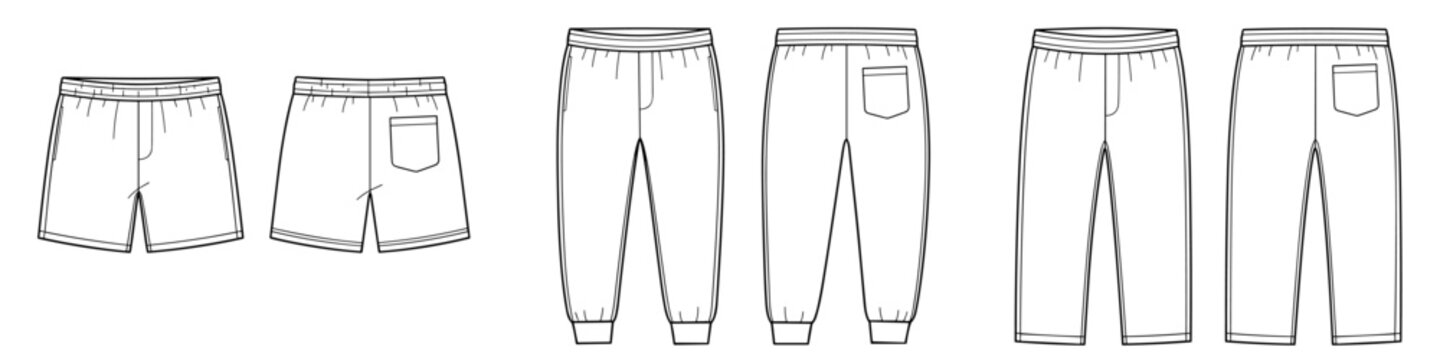 mens casual jersey shorts and sweatpants set flat technical cad drawing template