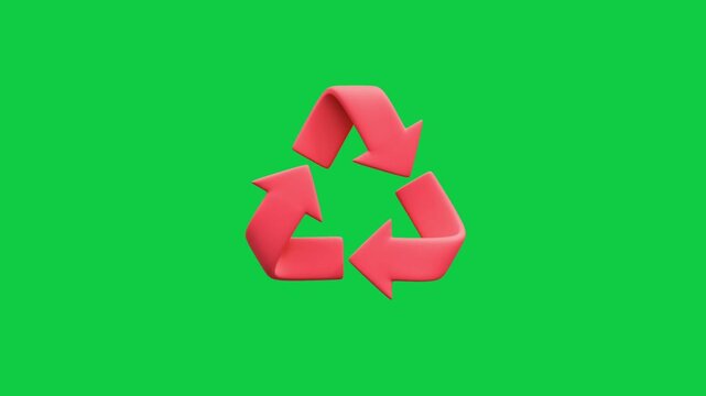 3D Red Recycling Symbol Animation on Green Screen Background. Glossy red 3D recycling arrow icon loop animation on chroma key green screen representing warning climate crisis ecology.