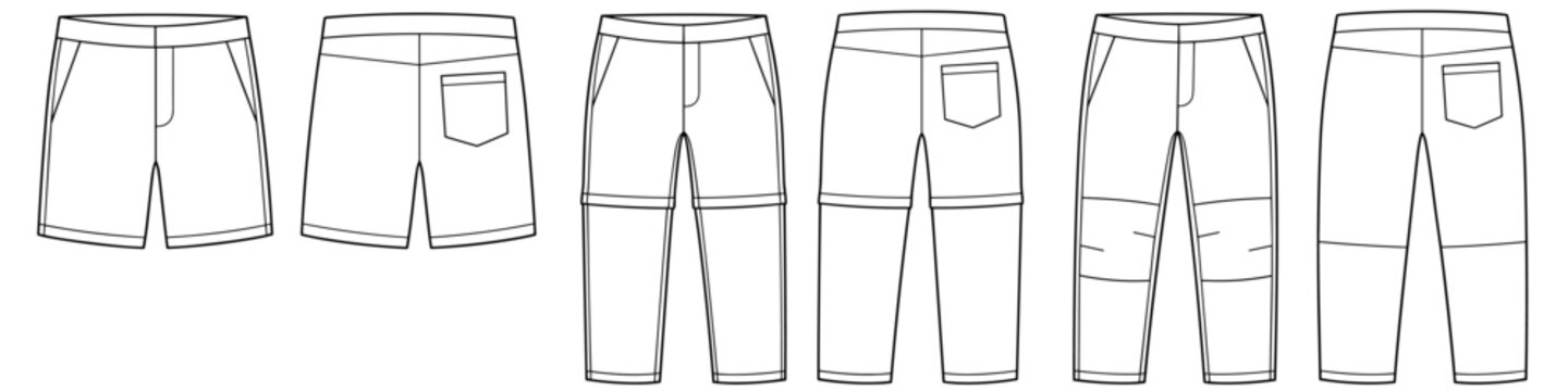 mens convertible zip off pants and paneled shorts flat technical cad drawing template