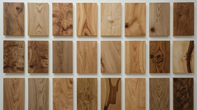Wooden Planks Displayed on Wall, Showing Different Wood Grains.