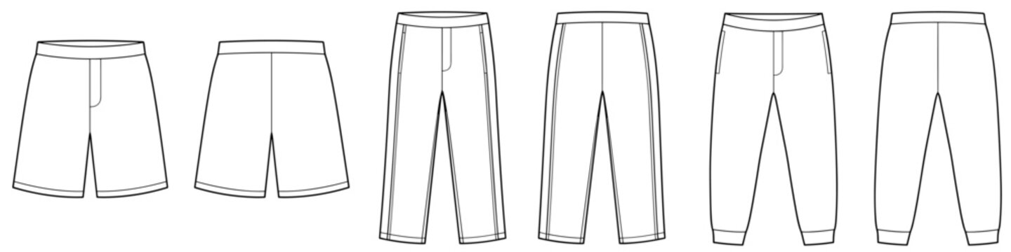 mens side stripe track shorts and jogger pants flat technical cad drawing template