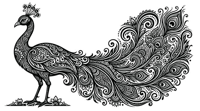 Full body peacock illustration with detailed feather patterns.