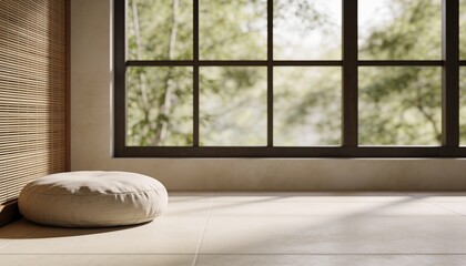 Fototapeta premium A serene meditation space featuring a floor cushion beside a large window that frames a blurred green garden, creating an atmosphere of calm and stillness