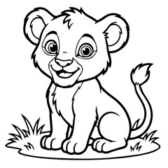 Fototapeta premium Cute Smiling Lion Cub Coloring Page for Kids – Black and White Cartoon Line Art