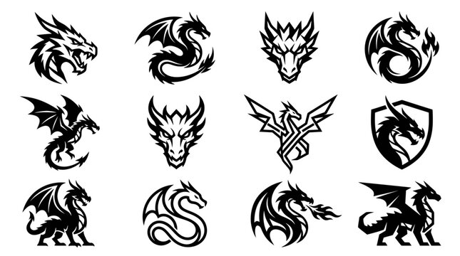 Mythical dragon silhouette logos and fantasy symbols.