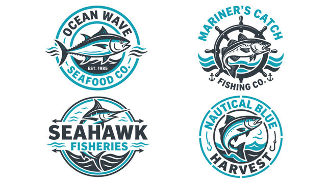 Nautical seafood restaurant and fishing company vintage logo badge set.