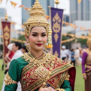 Elegant Thai Dancer Wearing Ornate Golden Costume at Outdoor Cultural Festival
