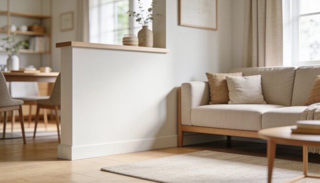A serene living room area with a beige sofa, coffee table, and dining area visible through a partition. The space is well-lit with natural light, exuding a sense of calm and comfort.
