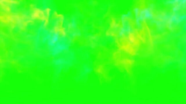 Colorful smoke collision animation on green screen, blue and yellow ink cloud burst abstract transition background, magic powder explosion chroma key video footage