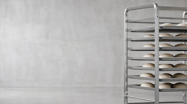 Stainless steel bakery proofing rack in industrial kitchen