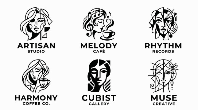Stylized female face logos for creative business branding.