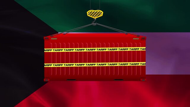 Kuwait Import Blockade: A shipping container secured with warning tape is suspended by a crane against the backdrop of the Kuwaiti flag, symbolizing import restrictions and trade barriers.
