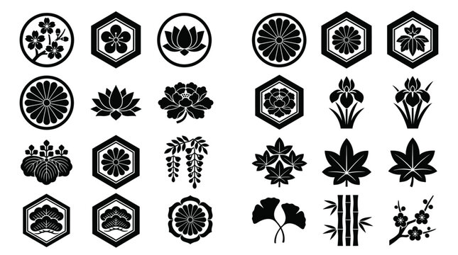 Traditional Japanese Kamon family crest collection featuring floral and geometric symbols.