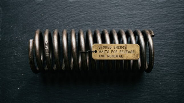 Coiled spring with tag detailing stored energy and renewal