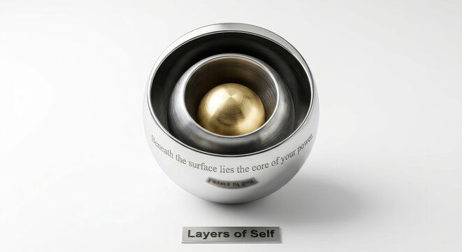 Concentric spheres sculpture with inscription and label
