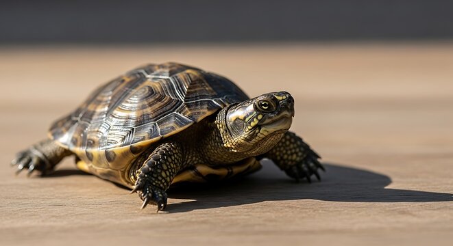 Turtle walking on sandy surface slowly.