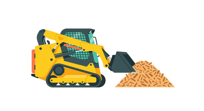 Yellow Compact Track Skid Steer Loader Illustration with Bucket and Mulch Pile Isolated on White Background