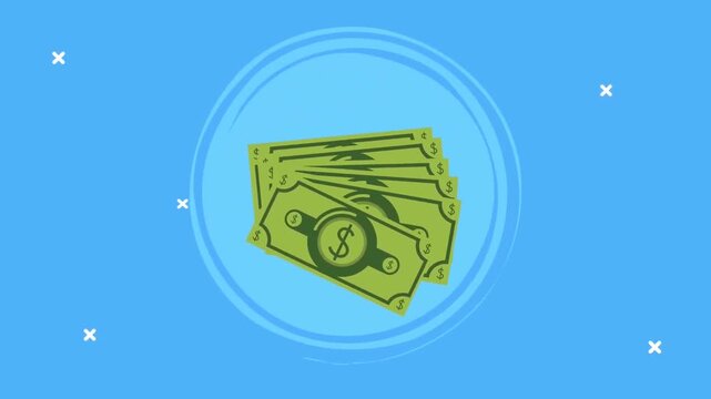 Flat cartoon cash money animation on light blue background, US dollar bills stack popping up motion graphic, financial success and economy business stock footage